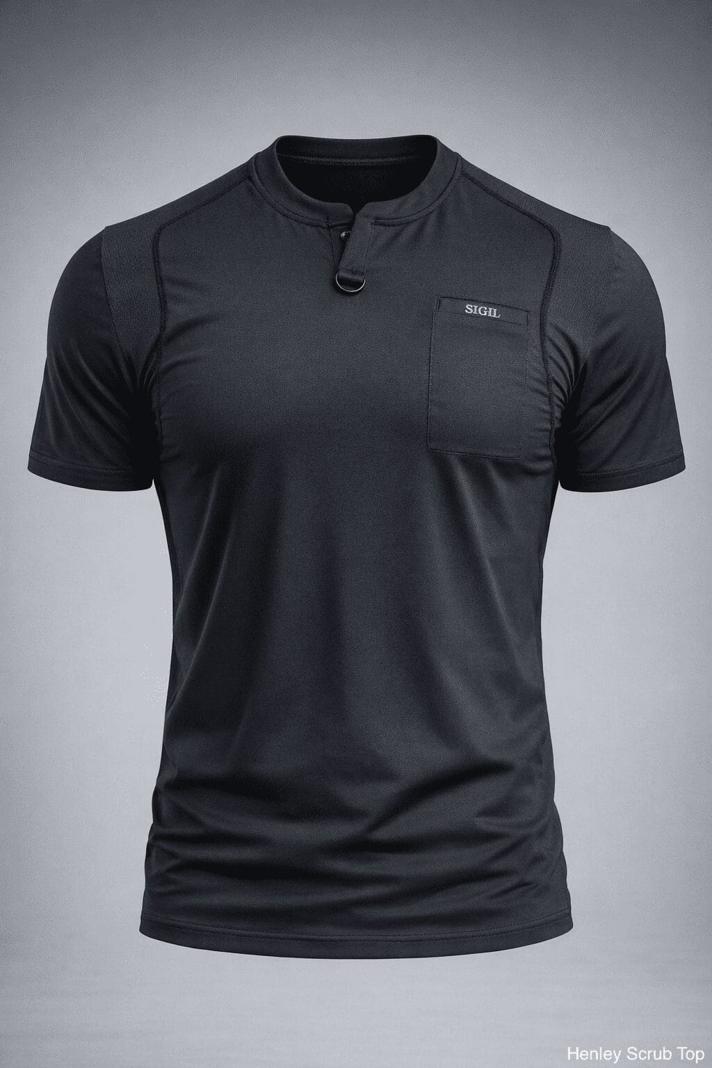 Black henley scrub top with chest pocket